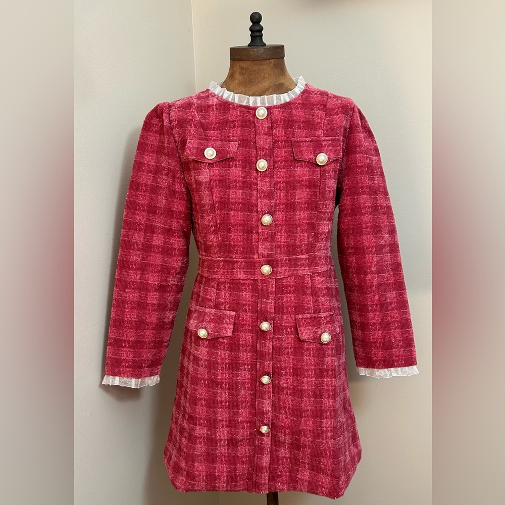 Feminine Pink Plaid Sparkle Mini Dress with Pearl Buttons